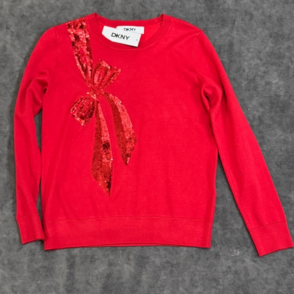 NWT Women DKNY by Donna Karan Sequin Bow Crew Neck Long Sleeve Sweater red Small